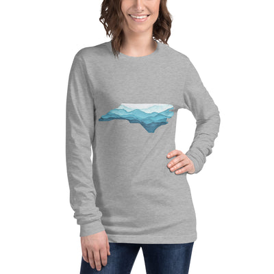 North Carolina State Shape with Blue Ridge Mountains - Support Hurricane Helene Unisex Long Sleeve T-Shirt