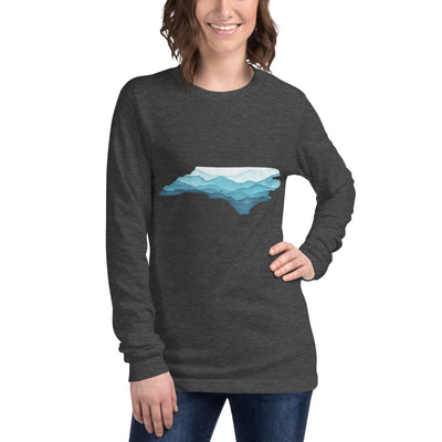 North Carolina State Shape with Blue Ridge Mountains - Support Hurricane Helene Unisex Long Sleeve T-Shirt